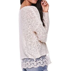 Vintage Cream Slub Knit Boho Sweater Lace Hem Scoop-neck Small